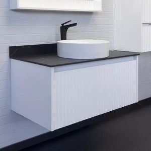 Тумба подвесная Comforty Марсель 90 со столешницей под мрамор Калакатта Блэк c раковиной 9110 Белый матовый 00-00013797CF