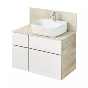 Тумба подвесная Aquaton Мишель 80 со столешницей и панелью из керамогранита с раковиной Одри Дуб Эндгрейн / Белый 1A2772K2MIX40