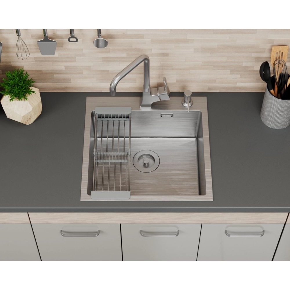 Мойка кухонная D&K 50х50 выпуск с переливом, корзина, дозатор Сатин DKS505004 Мойка кухонная D&K 50х50 выпуск с переливом, корзина, дозатор Сатин DKS505004 — изображение 2
