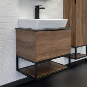 Тумба подвесная Comforty Порто 60 + раковина + черная столешница Дуб темно-коричневый 00-00010677CF