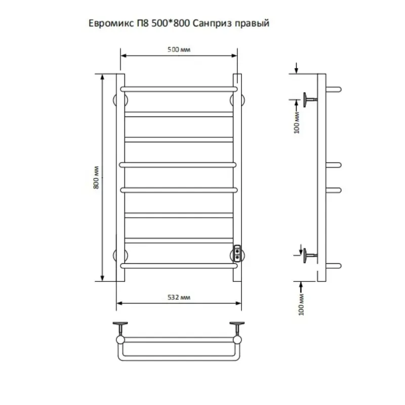 Полотенцесушитель электрический Санприз Евромикс П8 500*800 11069 Хром глянцевый диммер справа Полотенцесушитель электрический Санприз Евромикс П8 500*800 11069 Хром глянцевый диммер справа — изображение 2