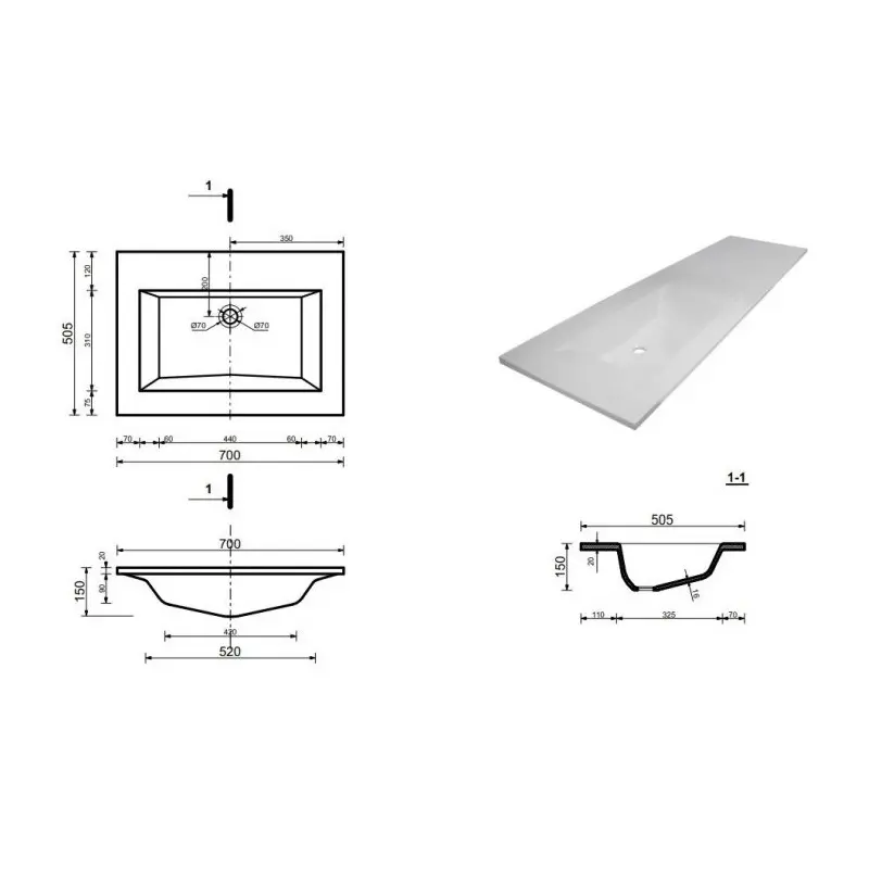 Раковина-столешница Эстет Рава 70-107х50,5 с чашей 70 Белый ФР-00001322L Раковина-столешница Эстет Рава 70-107х50,5 с чашей 70 Белый ФР-00001322L — изображение 2