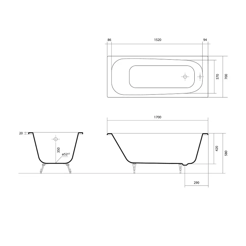 Ванна чугунная Aquatek Сигма 170х70 с ножками AQ8870F-00 Ванна чугунная Aquatek Сигма 170х70 с ножками AQ8870F-00 — изображение 2