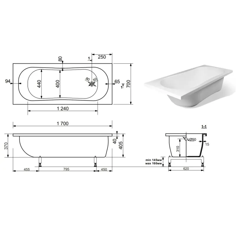 Ванна из литьевого мрамора Эстет Лаура 170х70 Белый ФР-00000678 Ванна из литьевого мрамора Эстет Лаура 170х70 Белый ФР-00000678 — изображение 3
