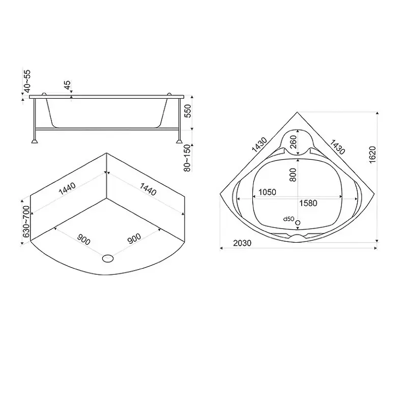 Ванна акриловая BAS Хатива 143×143 Белый В 00042 Ванна акриловая BAS Хатива 143x143 Белый В 00042 — изображение 4