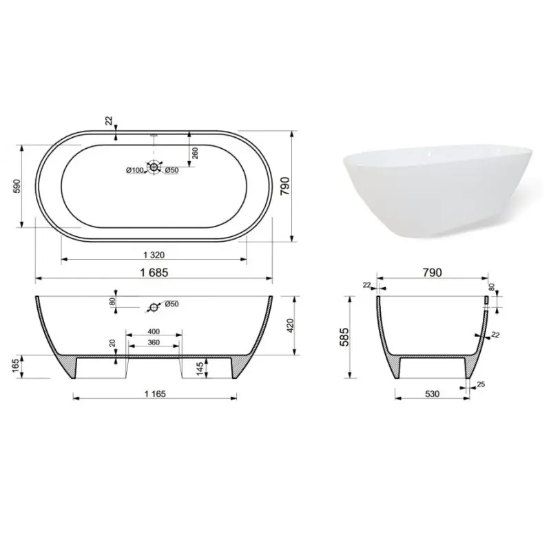 Ванна из литьевого мрамора Эстет Майами 168х78,5 Белый ФР-00003615 Ванна из литьевого мрамора Эстет Майами 168х78,5 Белый ФР-00003615 — изображение 4