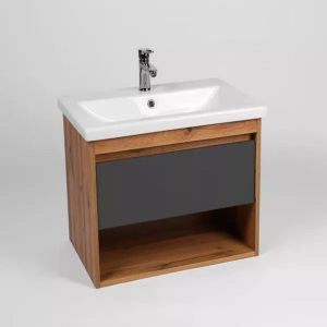 Тумба подвесная Viant Бостон 60 с раковиной Como Дуб вотан / Графит VBOS60COG-T1YP